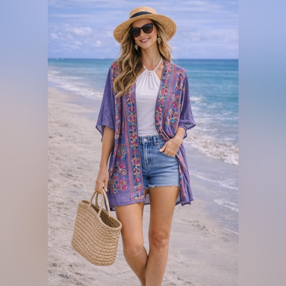 Boho Embroidered Kimono Tunic Top Multicolor Open Front S/M Umgee